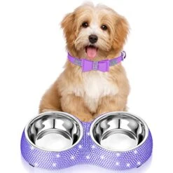 Gerrii 2 Pcs Pink Dog Cat Bowls And Small Puppy Collar Set For Cat And Dog, Pink Bling Cat Collars Rhinestones Stainless Steel Puppy Bowls Adjustable Bling Dog Collar (Light Purple, XS)