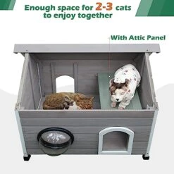 HiCaptain Weatherproof Outdoor Cat House, Wooden Feral Cat House For Outside, Unique Small Pet Shelter With Escape Door, Clear Window And Removable Attic-Grey -Zoo Shop 51A9oqRYgyL