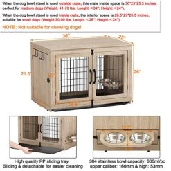 Piskyet Wooden Dog Crate Furniture With 360° Rotatable Removable Dog Bowls, Medium Dog Crate End Table With Tray, Double Doors Dog Kennels Indoor For Small Dogs - Texture Grey, 38 Inch -Zoo Shop 51AgfB3k4cL 1