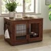 Piskyet Wooden Dog Crate Furniture With 360° Rotatable Removable Dog Bowls, Dog Crate End Table With Tray, Double Doors Dog Kennels Indoor For Small To Medium Dogs -Rustic Style -Zoo Shop 51AmqgUGApL