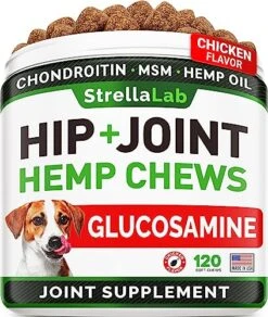 Hemp Treats - Glucosamine Dog Joint Supplement + Omega 3 - W/Hemp Oil - Chondroitin, MSM - Advanced Mobility Chews - Joint Pain Relief - Hip & Joint Care - Chicken Flavor - 120 Ct - Made In USA