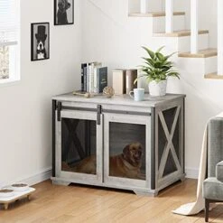 GOCAPTAIN Dog Crate Furniture With Sliding Barn Door, Wooden Cage End Table, Indoor Puppy Kennel With Removable Divider, Dog Kennel With Detachable Divider For Small/Medium/Large Dog, Grey -Zoo Shop 51BLvrTFquL