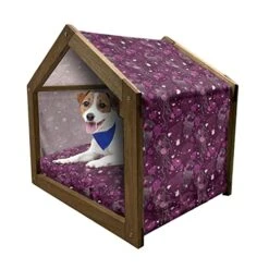 Ambesonne Jellyfish Wooden Pet House, Various Outline Organisms With Paint Drops Marine Fauna Line Art, Indoor & Outdoor Portable Dog Kennel With Pillow And Cover, Small, Dark Magenta Rose