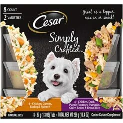 CESAR Simply Crafted Adult Soft Wet Dog Food Meal Topper Variety Pack, Chicken, Duck, Purple Potatoes, Pumpkin, Green Beans & Brown Rice And Chicken, Carrots, Barley & Spinach, (8) 1.3 Oz. Tubs