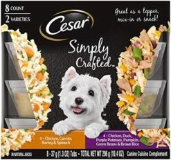 CESAR Simply Crafted Adult Soft Wet Dog Food Meal Topper Variety Pack, Chicken, Duck, Purple Potatoes, Pumpkin, Green Beans & Brown Rice And Chicken, Carrots, Barley & Spinach, (8) 1.3 Oz. Tubs -Zoo Shop 51CH9zd0hvL. AC