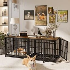 Heavy Duty Dog Crate Furniture: 84inch Wooden Dog Crates End Table Kennel With Three Doors And Removable Tray - Extra Large Puppy Indoor Training Playpen House Decorative Side Table Cage Rustic Brown -Zoo Shop 51COW8rTDvL. AC