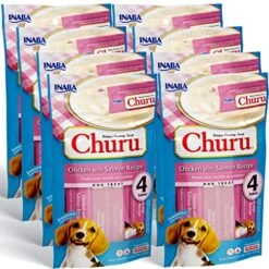 INABA Churu For Dogs, Grain-Free, Lickable, Squeezable Creamy Purée Dog Treats/Topper Tubes, Chicken With Salmon, 0.5 Ounces Each, 32 Tubes (4 Per Package)