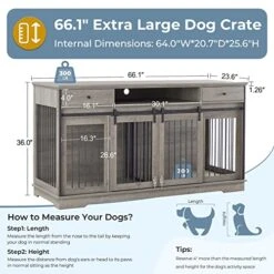 Lyromix Dog Crate Furniture Large Breed TV Stand With Drawer & 2 Sliding Doors, Dog Kennels And Crates For Medium Large Dogs With Divider, Wood Dog Crate End Table, Grey, 66.1''W*23.6''D*36''H
