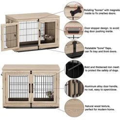 Piskyet Wooden Dog Crate Furniture With 360° Rotatable Removable Dog Bowls, Medium Dog Crate End Table With Tray, Double Doors Dog Kennels Indoor For Large Dogs - Texture Grey, -Zoo Shop 51EUfcugc3L