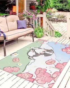 Pet Dogs Indoor Outdoor Rug Waterproof Easy-Cleaning Large Carpet For Patio, Backyard, Deck, Balcony, RV, Kitchen, Non-Slip Area-Rugs 6' X 9'- Brilliant Holiday Flowers With Cute Dogs