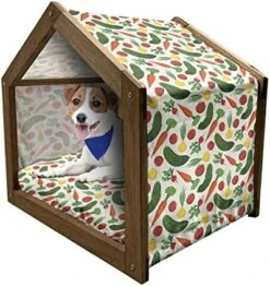 Ambesonne Vegetable Wooden Pet House, Radish Carrot And Beets Pattern On Beige Background Hand Drawn Food Composition, Indoor & Outdoor Portable Dog Kennel With Pillow And Cover, Small, Multicolor -Zoo Shop 51EoCqiO4UL. AC