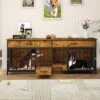 YITAHOME Dog Crate Furniture Large Breed With Dog Feeder, 74.8" Inch Wooden Dog Kennel Furniture Indoor Heavy Duty Dog Crate With Drawers, TV Cansole Table2 Room Divider For 2 Medium Large Dogs