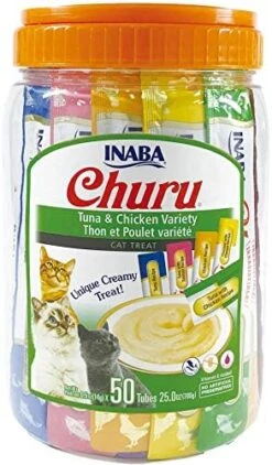 INABA Churu Cat Treats, Grain-Free, Lickable, Squeezable Creamy Purée Cat Treat/Topper With Vitamin E & Taurine, 0.5 Ounces Each Tube, 20 Tubes, Tuna Variety -Zoo Shop 51FBTxCLLSL. AC