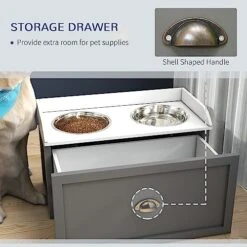 PawHut Large Elevated Dog Bowls With Storage Drawer Containing 21L Capacity, Raised Pet Feeding Station With 2 Stainless Steel Bowls, Gray -Zoo Shop 51GglF2AWLL