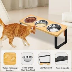 FTKINGDER Raised Cat Food Water Bowl，Small Dog 15 ° Tilted Elevated Food Feeding Tray With Three Stainless Steel Bowls To Protect The Spine Of Cats And Dogs From Vomiting (Wood Color) -Zoo Shop 51GtCKJilpL