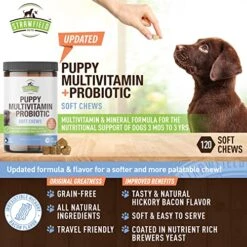 Strawfield Pets Puppy Multivitamin + Probiotics For Dogs Puppy Vitamins Joint Support Supplement For Dogs & Puppies Hickory Bacon Flavor 120 Crunchy Soft Chews