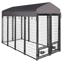 VEIKOU Dog Kennel Outdoor, 8' X 6' X 4' Dog Kennel Large, Dog Kennel W/Rotate Feeding Doors, Upgraded Canopy Dog Kennel For Yard W/Powder Coated Steel Frame -Zoo Shop 51J7YNuwqyL