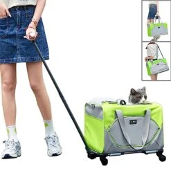 H.S.C PET Light Green Soft Cat Carrier For Pet,Detachable Rolling Carrier With Wheels For Small Animal Like Bunny Kittens Puppy,for Traveling/Hiking/Camping (with Drawbar)