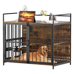 ROOMTEC Furniture Style Large Dog Crate With 360° & Adjustable Raised Feeder For Dogs With 2 Stainless Steel Bowls -End Table Dog House With Dog Pad (41Inch = Int.dims: 39.7" W X 22.4" D X 25.1" H)