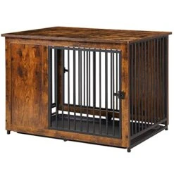 Heybly Furniture Style Dog Crate,Wooden Pet Kennels With 3 Doors,Indoor Pet Crate End Table With Removable Tray For Dogs Under 90lbs, Rustic Brown And Black