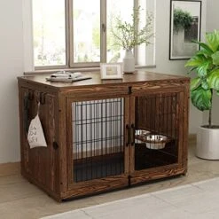 Piskyet Wooden Dog Crate Furniture With 360° Rotatable Removable Dog Bowls, Medium Dog Crate End Table With Tray, Double Doors Dog Kennels Indoor For XLarge Dogs - Rustic Style