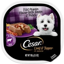 CESAR Soft Wet Dog Food Loaf & Topper In Sauce Filet Mignon Flavor With Bacon & Potato, 3.5 Ounce (Pack Of 24), Easy Peel Trays
