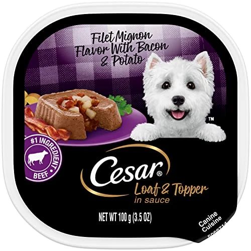 CESAR Soft Wet Dog Food Loaf & Topper In Sauce Filet Mignon Flavor With Bacon & Potato, 3.5 Ounce (Pack Of 24), Easy Peel Trays 3 CESAR Soft Wet Dog Food Loaf & Topper In Sauce Filet Mignon Flavor With Bacon & Potato, 3.5 Ounce (Pack Of 24), Easy Peel Trays