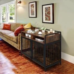 Dog Crate Furniture 38.6" With 2 Drawers, Large Dog Kennel End Table, Wooden Dog Cage Indoor Dog House Pet Crate Table With Double Doors For Large Small Medium Dogs, Walnut Color -Zoo Shop 51L4OXcwp8L 1