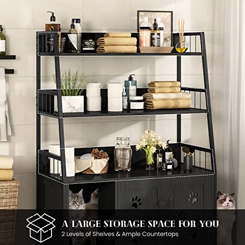Recaceik Large Cat Litter Box Enclosure With Shelf Storage, Hidden Cat Washroom Furniture, Wooden Cat House With Scratch Pad, Sturdy Indoor Cat Cabinet With 2 Doors, Black 6 Recaceik Large Cat Litter Box Enclosure With Shelf Storage, Hidden Cat Washroom Furniture, Wooden Cat House With Scratch Pad, Sturdy Indoor Cat Cabinet With 2 Doors, Black - Image 4
