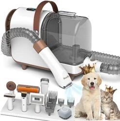 Bunfly Dog Grooming Kit & Vacuum Suction 99.99% Pet Hair, 3L Large Capacity Dust Cup, 7 Pet Grooming Tools For Shedding Pet Hair, Home Cleaning（Brown&White） -Zoo Shop 51MaMARauL. AC