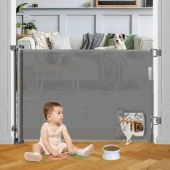 Baby Gate With Cat Door Walk Through 55" Wide Retractable Baby Gates Indoor Retractable Dog Gate Outdoor Pet Gate With Cat Door Gates For Pets Cat Gate For Doorway Dog Gates For The House, Gray