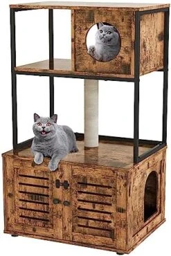 AWQM Large Cat Litter Box Enclosure,3 Level Cat Tree Tower With Elevated Cat Feeding Bowl,Scratching Posts,Hidden Cat Washroom,Kitty Condo,All-in-One Wood Pet Cat House/Cabinet Funiture,Rustic Brown -Zoo Shop 51NbfShIxL. AC