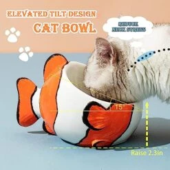 3D Clownfish Cat Bowl Ceramic Cute, 15° Tilted Raised Cat Food Bowls 7.8 In, Shallow Wide Elevated Pet Feeding Dish Whisker Friendly, For Flat Face Cat, Kitten, White Orange
