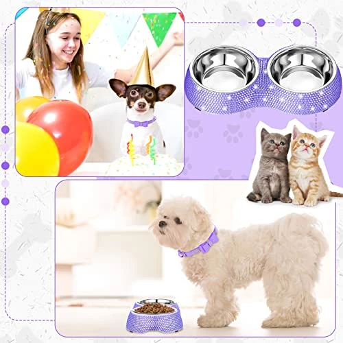 Gerrii 2 Pcs Pink Dog Cat Bowls And Small Puppy Collar Set For Cat And Dog, Pink Bling Cat Collars Rhinestones Stainless Steel Puppy Bowls Adjustable Bling Dog Collar (Light Purple, XS) 6 Gerrii 2 Pcs Pink Dog Cat Bowls And Small Puppy Collar Set For Cat And Dog, Pink Bling Cat Collars Rhinestones Stainless Steel Puppy Bowls Adjustable Bling Dog Collar (Light Purple, XS) - Image 4