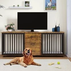 YITAHOME Large Double Dog Crate Furniture 74" Inch, Indoor Wooden Dog Kennel Furniture With Dog Feeders Bowls, 2-in-1 TV Stand, Endtable For 2 Large Medium Dogs, Brown -Zoo Shop 51O5CHmydkL