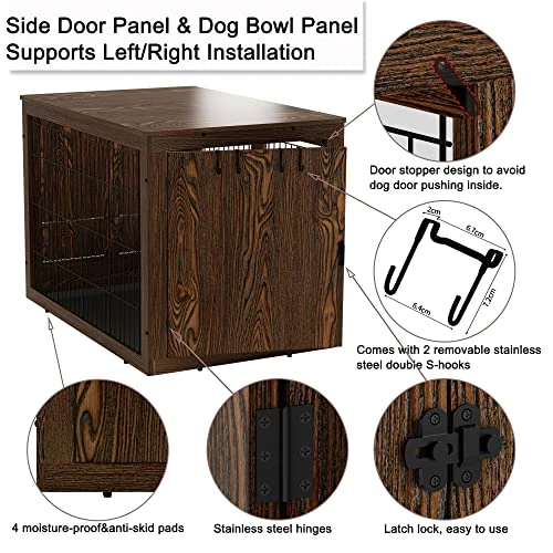 Piskyet Wooden Dog Crate Furniture With 360° Rotatable Removable Dog Bowls, Medium Dog Crate End Table With Tray, Double Doors Dog Kennels Indoor For XLarge Dogs - Rustic Style 6 Piskyet Wooden Dog Crate Furniture With 360° Rotatable Removable Dog Bowls, Medium Dog Crate End Table With Tray, Double Doors Dog Kennels Indoor For XLarge Dogs - Rustic Style - Image 4