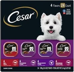CESAR Soft Wet Dog Food Loaf In Sauce Rotisserie Chicken Flavor With Bacon & Cheese And Filet Mignon Flavor With Bacon & Potato Variety Pack, (24) 3.5 Oz. Easy Peel Trays -Zoo Shop 51OqxCyPKTL. AC 1