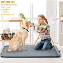Dog Food Mat - Dog Feeding Mats For Food And Water - 36" X 24" Extra Large Cat Dog Bowl Mat With Pocket For Catches Spill And Residue - Silicone Non Slip Pet Mat With 0.75" High Edges Anti-bite -Zoo Shop 51P7UY6lHQL
