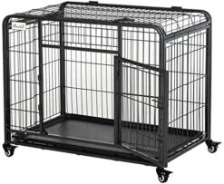 PawHut Folding Design Heavy Duty Metal Dog Cage Crate & Kennel With Removable Tray And Cover, & 4 Locking Wheels, Indoor/Outdoor 43" -Zoo Shop 51PBiuoisdL. AC