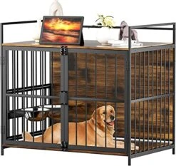 ROOMTEC Dog Crate Furniture-Style Cages For Large Dogs Indoor Heavy Duty Super Sturdy Dog Kennels With 2 Stainless Steel Bowls (48Inch = Int.dims: 46" W X 29" D X 35.5" H)