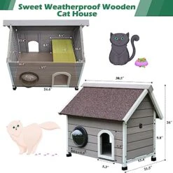 HiCaptain Weatherproof Outdoor Cat House, Wooden Feral Cat House For Outside, Unique Small Pet Shelter With Escape Door, Clear Window And Removable Attic-Grey -Zoo Shop 51REp8VADIL
