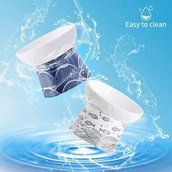 Ceramic Raised Cat Bowls, Elevated Tilted Cat Food And Water Bowls Set, Porcelain Stress Free Pet Feeder Bowl Dish For Cats And Small Dogs, Dishwasher And Microwave Safe, Blue & Black, Set Of 2 -Zoo Shop 51RVBcdSv1L