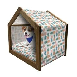 Ambesonne Pineapple Wooden Pet House, Tropical Fruit Pattern Detailed Composition Of Hawaiian Food Summer Season, Indoor & Outdoor Portable Dog Kennel With Pillow And Cover, Small, Apricot Sea Green