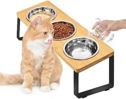 FTKINGDER Raised Cat Food Water Bowl，Small Dog 15 ° Tilted Elevated Food Feeding Tray With Three Stainless Steel Bowls To Protect The Spine Of Cats And Dogs From Vomiting (Wood Color) -Zoo Shop 51RwepvpXiL. AC