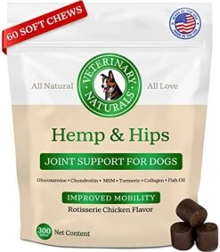 Veterinary Naturals Hemp & Hips Joint Supplement For Dogs - 60 Soft Chews For Dog Hip And Joint Supplement With Glucosamine For Dogs, MSM, & Turmeric (Rotisserie Chicken)