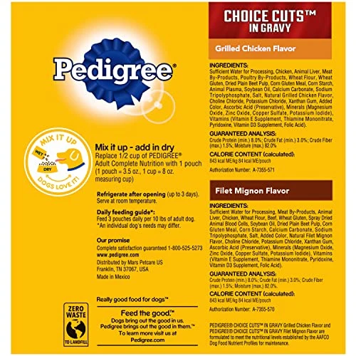 PEDIGREE CHOICE CUTS In Gravy Grilled Chicken Flavor In Sauce & Filet Mignon Flavor In Gravy Adult Wet Dog Food Variety Pack, (16) 3.5 Oz. Pouches 3 PEDIGREE CHOICE CUTS In Gravy Grilled Chicken Flavor In Sauce & Filet Mignon Flavor In Gravy Adult Wet Dog Food Variety Pack, (16) 3.5 Oz. Pouches