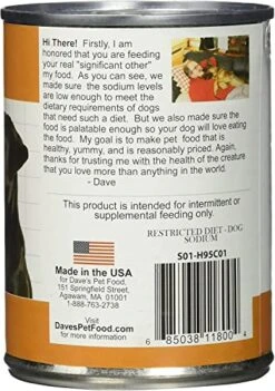 Dave's Pet Food Restricted Sodium Diet For Dogs, Chicken Pate Recipe, 12.5oz, Canned Dog Food, 12oz Cans, Case Of 12, -Zoo Shop 51Tnf0GcTqL