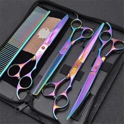 Professional 8.0 Inch Hairdressing Scissors Set Pet Hair Cutting Premium 440C Steel Kit Straight & Thinning & Curved Shears 5 Pcs Elbow Set For Cat Dog And More Pets Clean Grooming Tool(Multicolor),B -Zoo Shop 51VKNwDS5wL