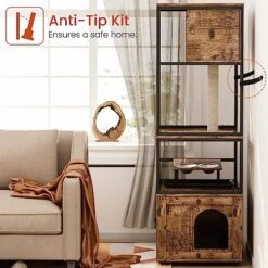 AWQM Large Cat Litter Box Enclosure,3 Level Cat Tree Tower With Elevated Cat Feeding Bowl,Scratching Posts,Hidden Cat Washroom,Kitty Condo,All-in-One Wood Pet Cat House/Cabinet Funiture,Rustic Brown -Zoo Shop 51VshJxfQrL