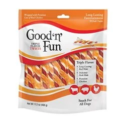 Good'n'Fun Triple Flavor Twists, Dog Chew Sticks, Premium Chicken And Beef Hide Treats For Dogs, 70 Count